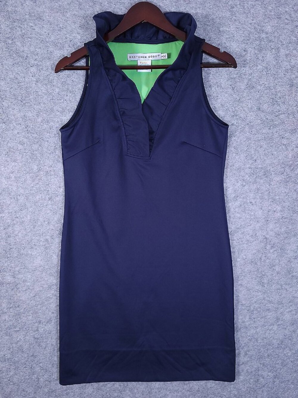 Gretchen Scott Ruffle Neck Sleeveless Dress Small Navy Preppy Resort Stretch